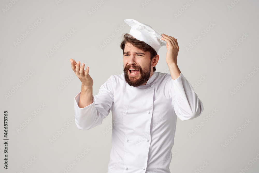 bearded man work uniform profession kitchen light background bearded man work uniform profession kitchen light background