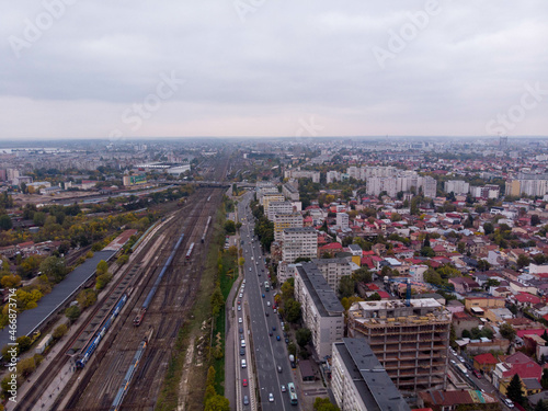 Aerial autumn view of Basarab station, many railways. Bucharest. Romania