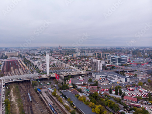 Aerial autumn view of Basarab bridge and North station. In the backgroud there is The People's Salvation Cathedral. Bucharest, Romania
