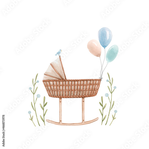 Photos Beautiful composition with hand drawn watercolor baby cradle crib air baloons and flowers