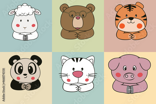 Fototapeta Naklejka Na Ścianę i Meble -  Set cute cartoon baby animals heads. Vector illustration.