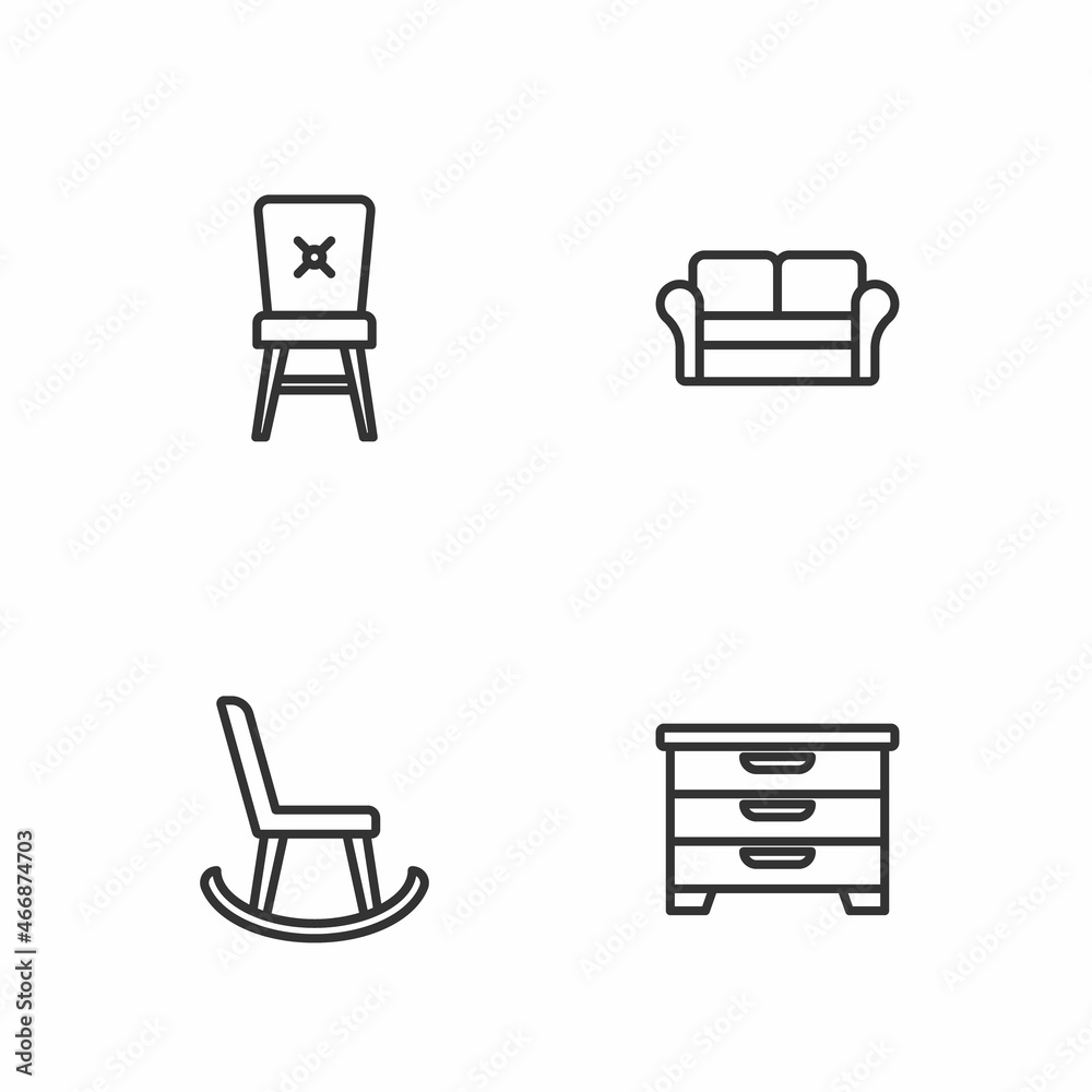 Set line Chest of drawers, Armchair, Chair and Sofa icon. Vector Set line Chest of drawers, Armchair, Chair and Sofa icon. Vector