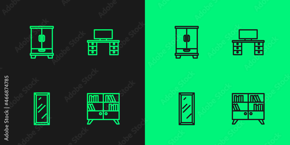 Set line Library bookshelf, Big full length mirror, Wardrobe and Office desk icon. Vector Set line Library bookshelf, Big full length mirror, Wardrobe and Office desk icon. Vector
