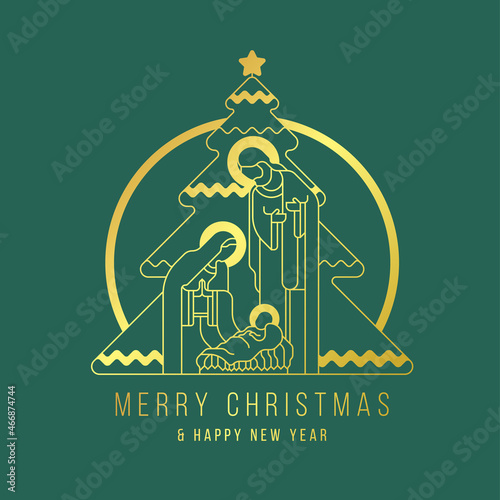 Merry Christmas and happy new year banner - modern gold line The Nativity with mary and joseph in a manger with baby Jesus and Christmas tree on green background vector illustration design