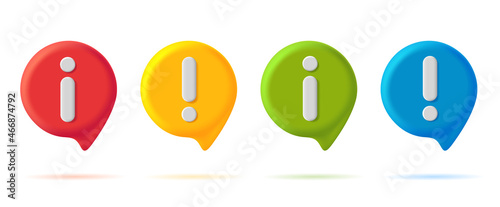 Set of 3d digital icons with info and warning notification sign in different colors