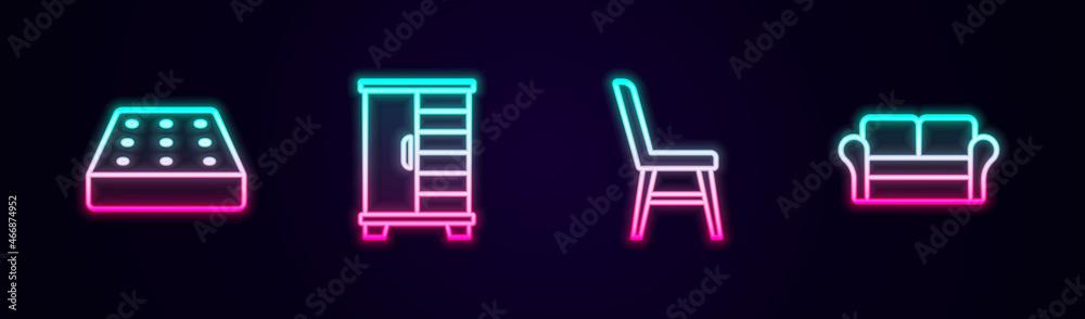 Set line Mattress, Wardrobe, Chair and Sofa. Glowing neon icon. Vector Set line Mattress, Wardrobe, Chair and Sofa. Glowing neon icon. Vector