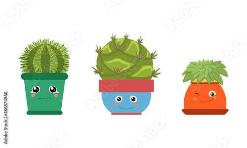 Cute Succulent Cactus or Cacti Plant Growing in Smiling Flowerpot Character Vector Set