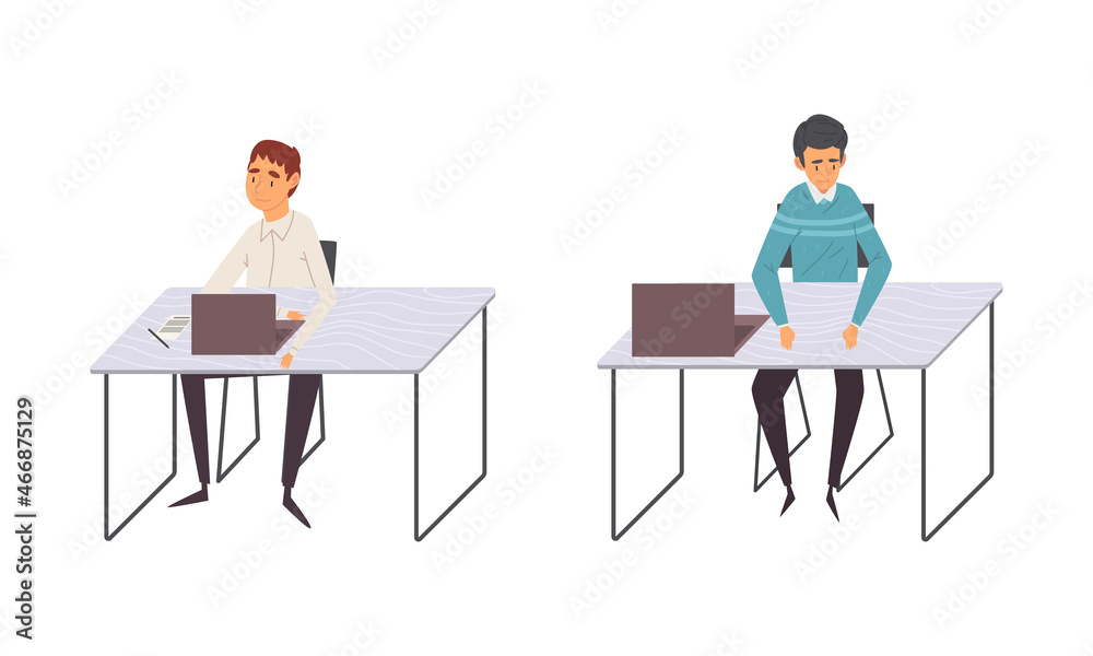Man Office Employee at Desk with Laptop Working Vector Set Man Office Employee at Desk with Laptop Working Vector Set