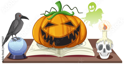 Halloween pumpkin with witch objects