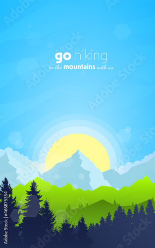 Sunset  sunrise  morning in mountains. Hiking tourism. Adventure. Abstract mountain landscape. Vector banner with polygonal landscape illustration. Minimalist style background. Flat design.