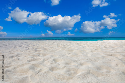 Closeup sea sand beach. Panoramic beach landscape. Inspire tropical beach freedom seascape horizon. Happy blue sky calmness tranquil relax sunlight summer seaside mood. Vacation travel holiday banner