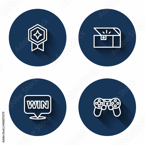 Set line Game rating with medal, Chest for game, Medal and controller joystick with long shadow. Blue circle button. Vector