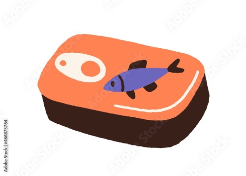 Fish preserves in metal can. Tinned tuna, conserved seafood in closed sealed ...