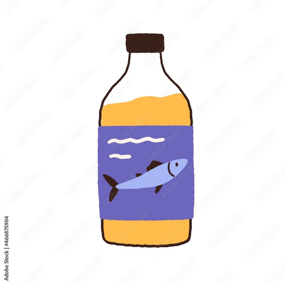 Fish oil in glass bottle. Fatty liquid of cod-liver extract, omega-3 supplement. Organic vitamin essential in package. Flat vector illustration of natural antioxidant isolated on white background Fish oil in glass bottle. Fatty liquid of cod-liver extract, omega-3 supplement. Organic vitamin essential in package. Flat vector illustration of natural antioxidant isolated on white background