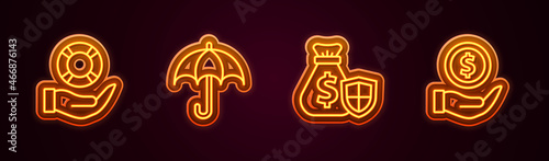 Set line Lifebuoy in hand, Umbrella, Money bag with shield and . Glowing neon icon. Vector