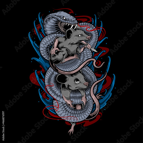 illustration of rat and snake in japanese style