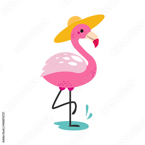 Cute African Pink Flamingo Animal in Straw Hat Enjoying Hot Summer Activity Vector Illustration