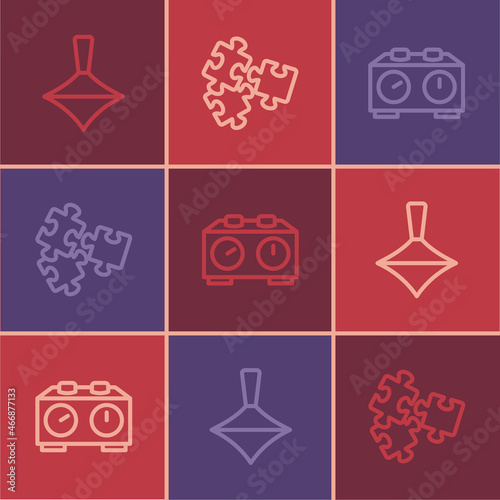 Set line Whirligig toy, Time chess clock and Puzzle pieces icon. Vector