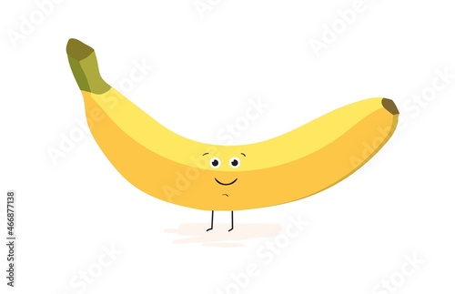 Cute banana with happy funny face. Tropical fruit with eyes smiling and standing on legs. Adorable sweet food character. Colored flat vector illustration isolated on white background