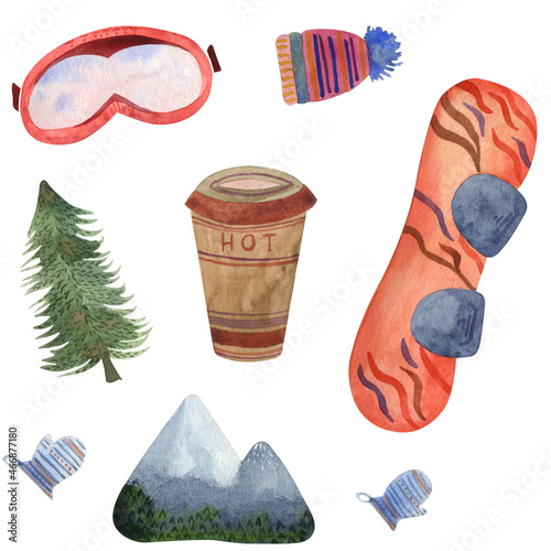 Watercolor set of elements about snowboard holidays in the mountains with skies, hot drink cup, ski sticks, hat, glasses, pine tree, mountain, gloves