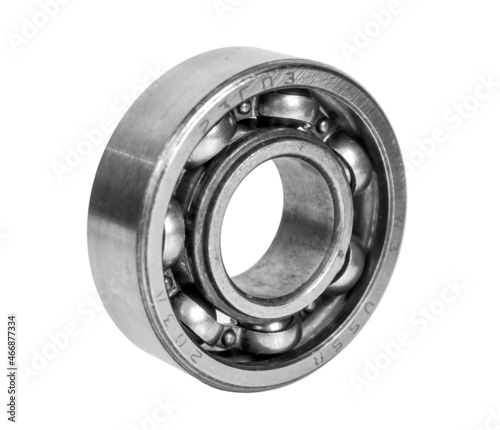 Metal silver ball bearing with balls on white isolated background. Bearing industrial
