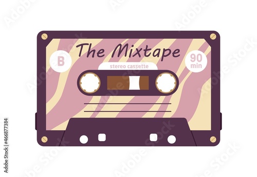 Audio cassette with retro music records. Magnetic stereo mixtape of 90s. Anal...