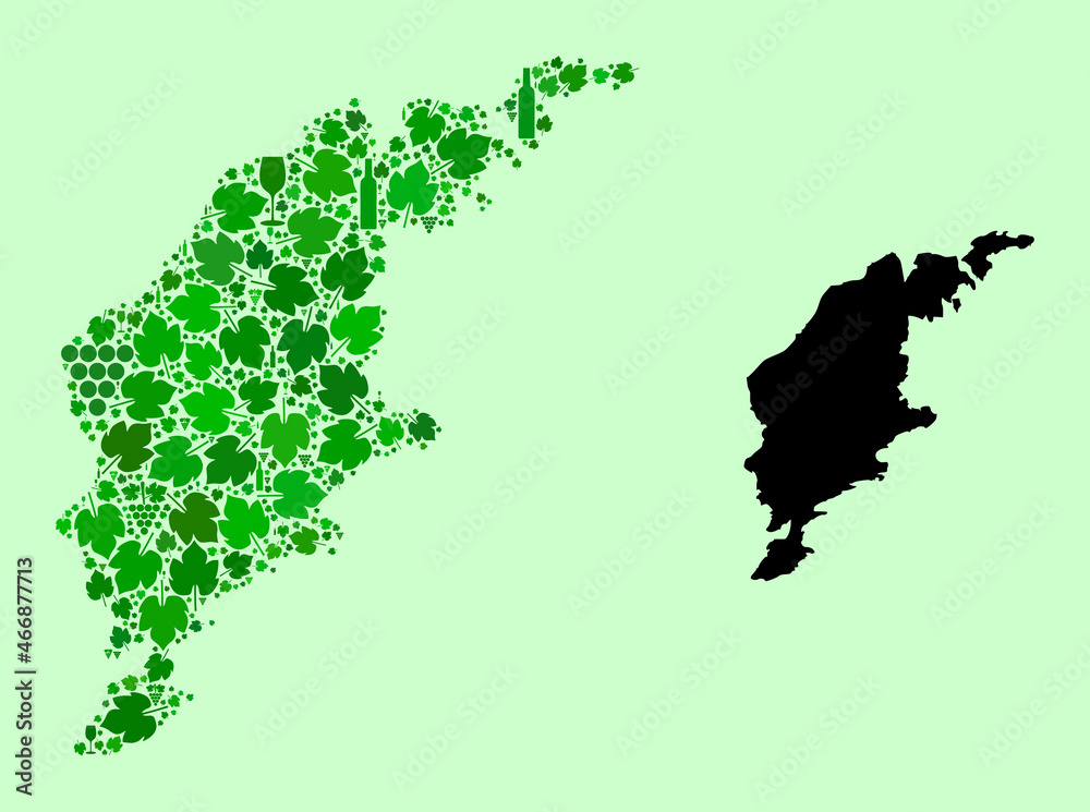 Vector Map of Gotland Island. Collage of green grapes, wine bottles. Map of Gotland Island mosaic designed with bottles, grapes, green leaves.