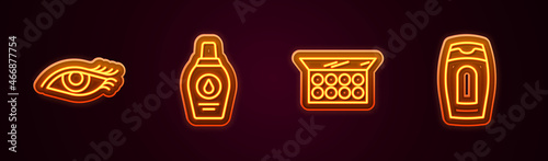 Set line Woman eye, Bottle of shampoo, Makeup powder with mirror and . Glowing neon icon. Vector