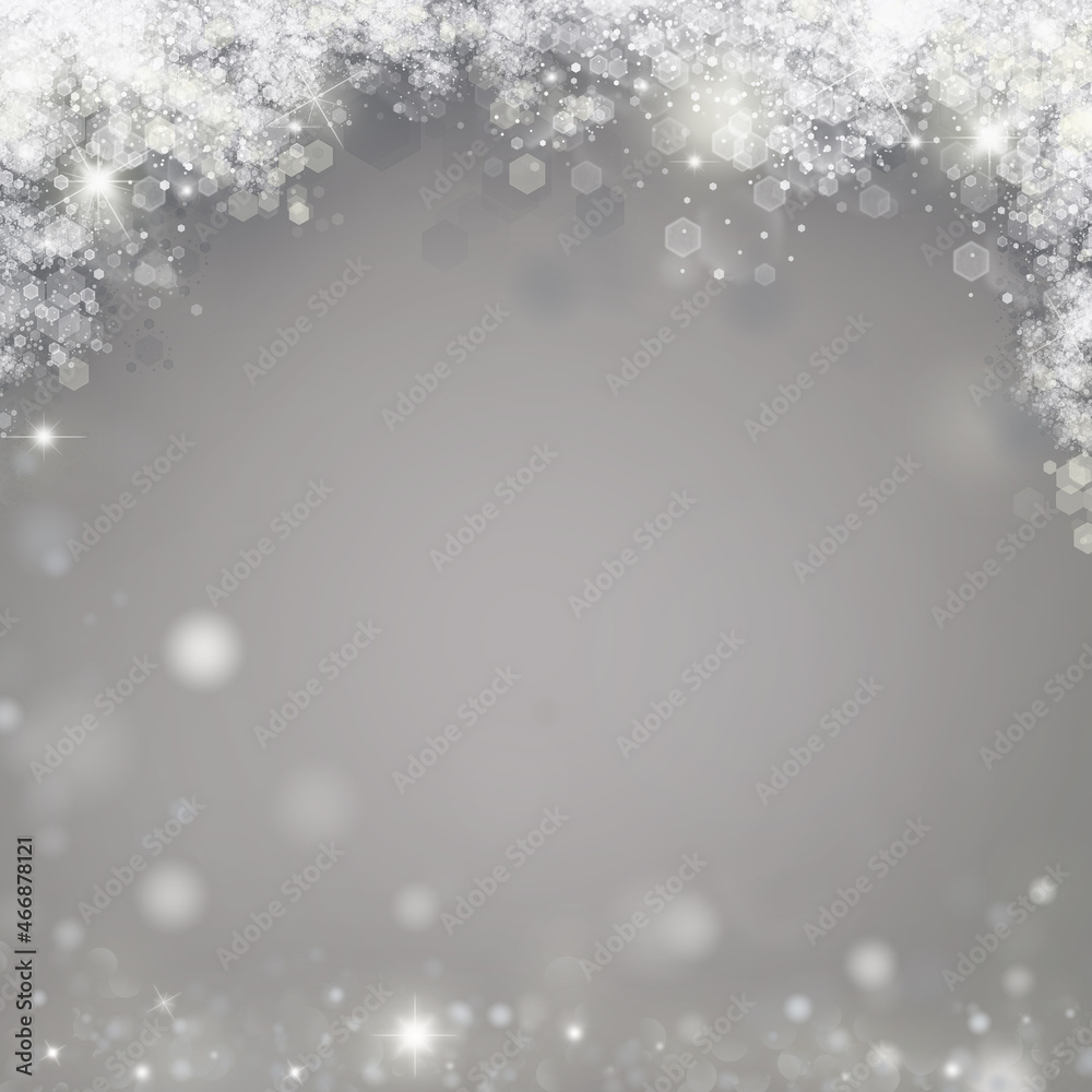 Fototapeta premium Gray Christmas background with shiny stars and snow