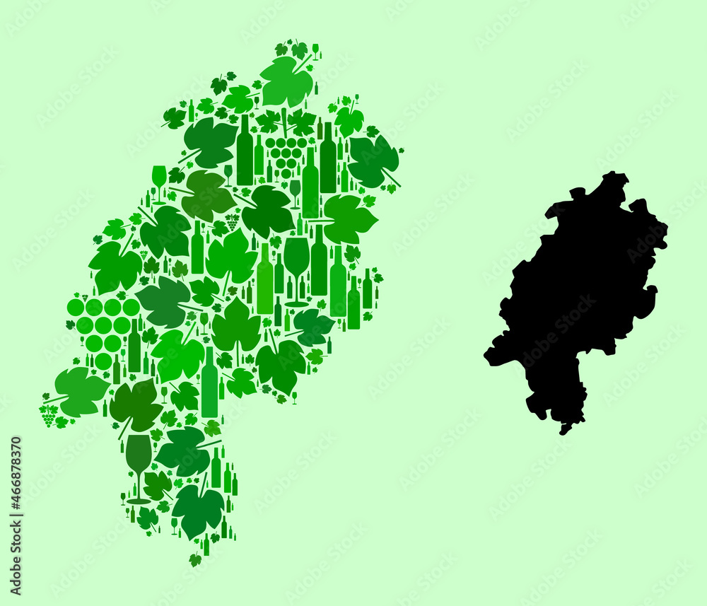 Vector Map of Hesse State. Collage of green grape leaves, wine bottles. Map of Hesse State collage designed with bottles, berries, green leaves. Vector Map of Hesse State. Collage of green grape leaves, wine bottles. Map of Hesse State collage designed with bottles, berries, green leaves.