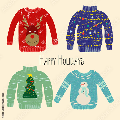 Illustration of ugly sweaters on a light background with the text happy holidays