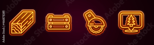 Set line Wooden beam, box, Electric circular saw and Location of the forest. Glowing neon icon. Vector