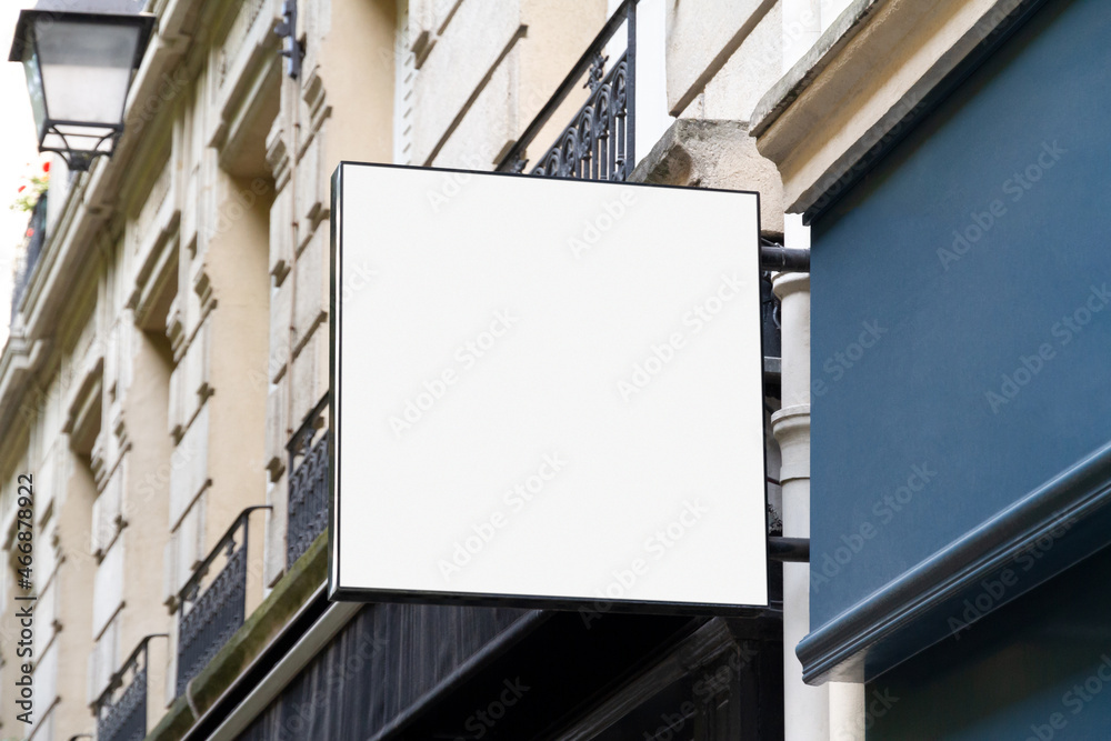 Shop sign Mockup. Squared storefront on a wall in street template Shop sign Mockup. Squared storefront on a wall in street template