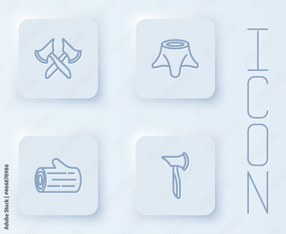 Set line Wooden axe, Tree stump, log and . White square button. Vector Set line Wooden axe, Tree stump, log and . White square button. Vector