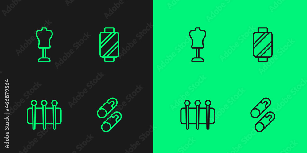 Set line Closed steel safety pin, Needle for sewing, Mannequin and Sewing thread on spool icon. Vector Set line Closed steel safety pin, Needle for sewing, Mannequin and Sewing thread on spool icon. Vector