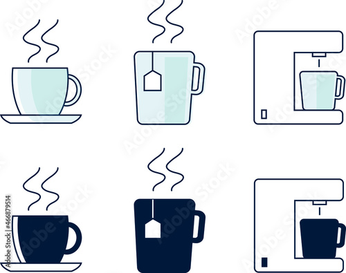 Icônes ou pictogrammes représentant une tasse de café, une tasse de thé et une cafetière. C'est la pause café au bureau ou le petit déjeuner.