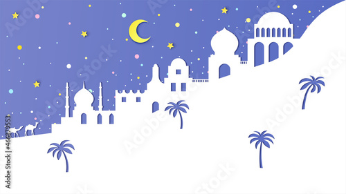 City with mosque on the night of Ramadan Kareem. Scenery of Ramadan Kareem city at night. paper cut and craft style. vector  illustration.