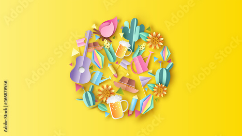 Festa Junina festival decorative with elements in circle frame. Festa Funina background. paper cut and craft style. vector, illustration.