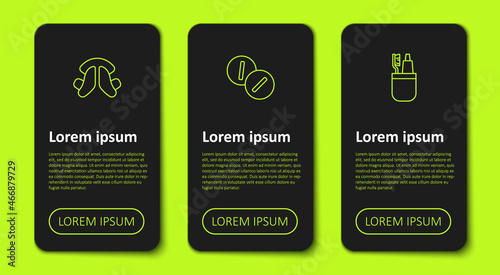 Set line Dental tooth plate, Toothache painkiller tablet and Toothbrush and toothpaste. Business infographic template. Vector