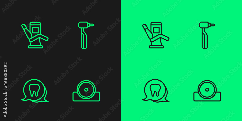 Set line Otolaryngological head reflector, Tooth, Medical dental chair and drill icon. Vector