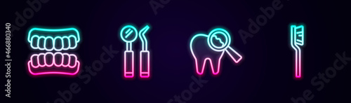 Set line Dentures model, Dental mirror and probe, Broken tooth and Toothbrush. Glowing neon icon. Vector