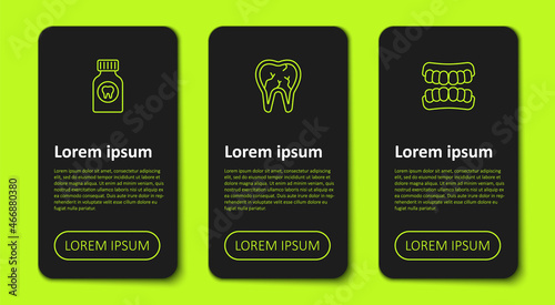 Set line Toothache painkiller tablet, Broken tooth and Dentures model. Business infographic template. Vector