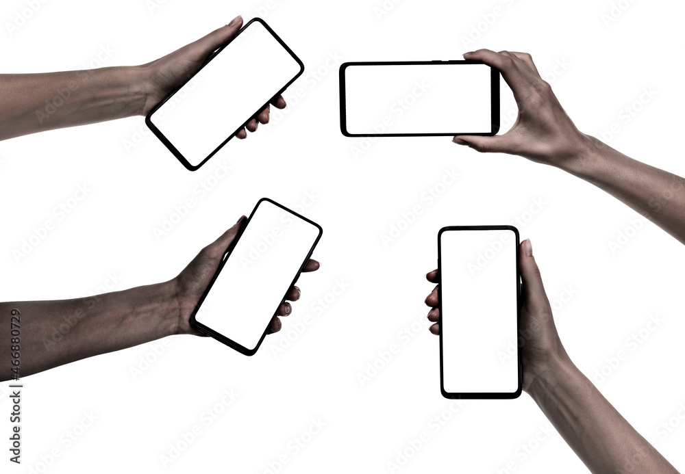 Collage afro woman hand holding the black new smartphone with blank screen isolated white background. set hands using phone clipping path Collage afro woman hand holding the black new smartphone with blank screen isolated white background. set hands using phone clipping path