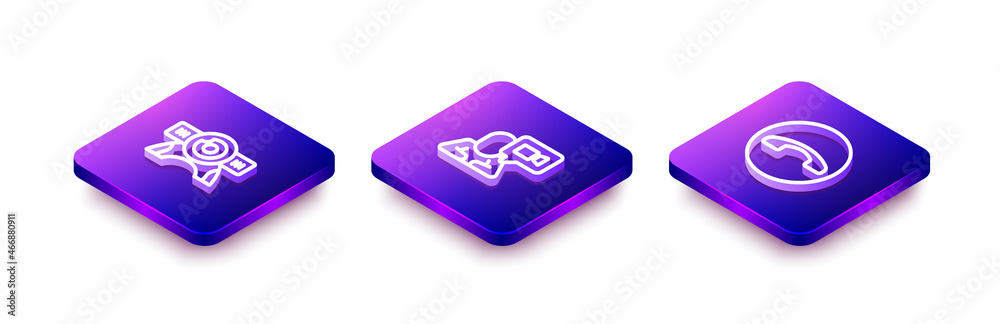 Set Isometric line Web camera, Video chat conference and Telephone handset icon. Vector Set Isometric line Web camera, Video chat conference and Telephone handset icon. Vector