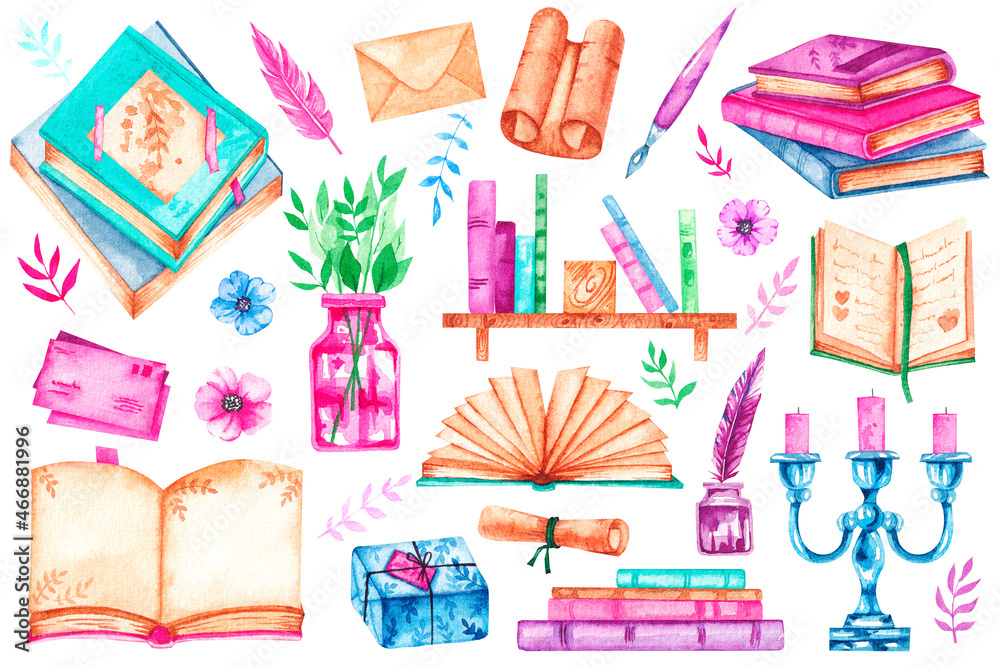 Watercolor set library, books, ink, flowers, scrolls, candelabra, flowers, gifts, branches on a white background Watercolor set library, books, ink, flowers, scrolls, candelabra, flowers, gifts, branches on a white background