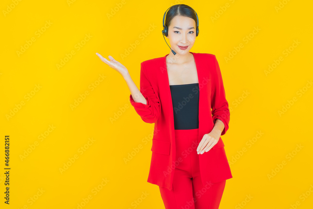 Portrait beautiful young asian woman with call center customer care service center Portrait beautiful young asian woman with call center customer care service center
