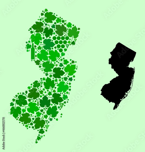 Vector Map of New Jersey State. Collage of green grape leaves, wine bottles. Map of New Jersey State mosaic designed from bottles, grapes, green leaves. Abstract collage designed for bars propaganda.