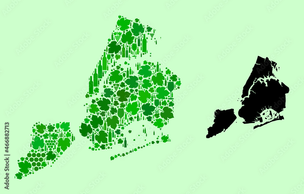 Vector Map of New York City. Collage of green grapes, wine bottles. Map of New York City collage designed from bottles, grapes, green leaves. Abstract collage useful for wine production purposes.
