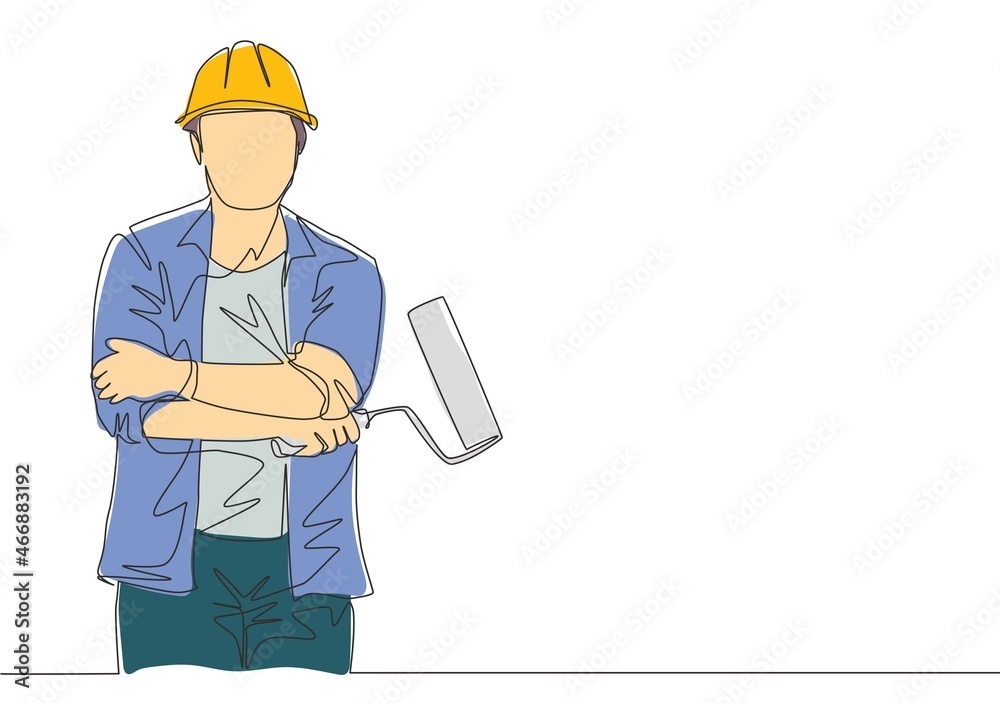 Single continuous line drawing of young handyman wearing building construction uniform while holding paint roller. Painter wall renovation service concept. One line draw design illustration Single continuous line drawing of young handyman wearing building construction uniform while holding paint roller. Painter wall renovation service concept. One line draw design illustration