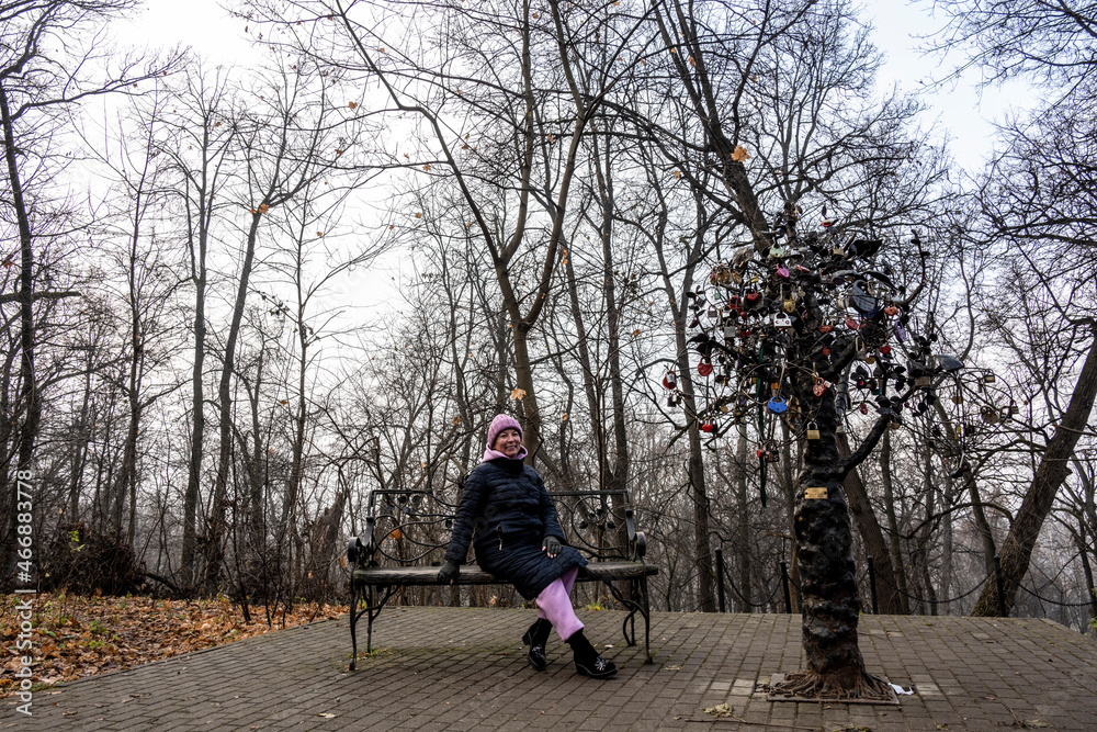 a woman in a blue raincoat walks in an autumn park on a cloudy foggy day a woman in a blue raincoat walks in an autumn park on a cloudy foggy day